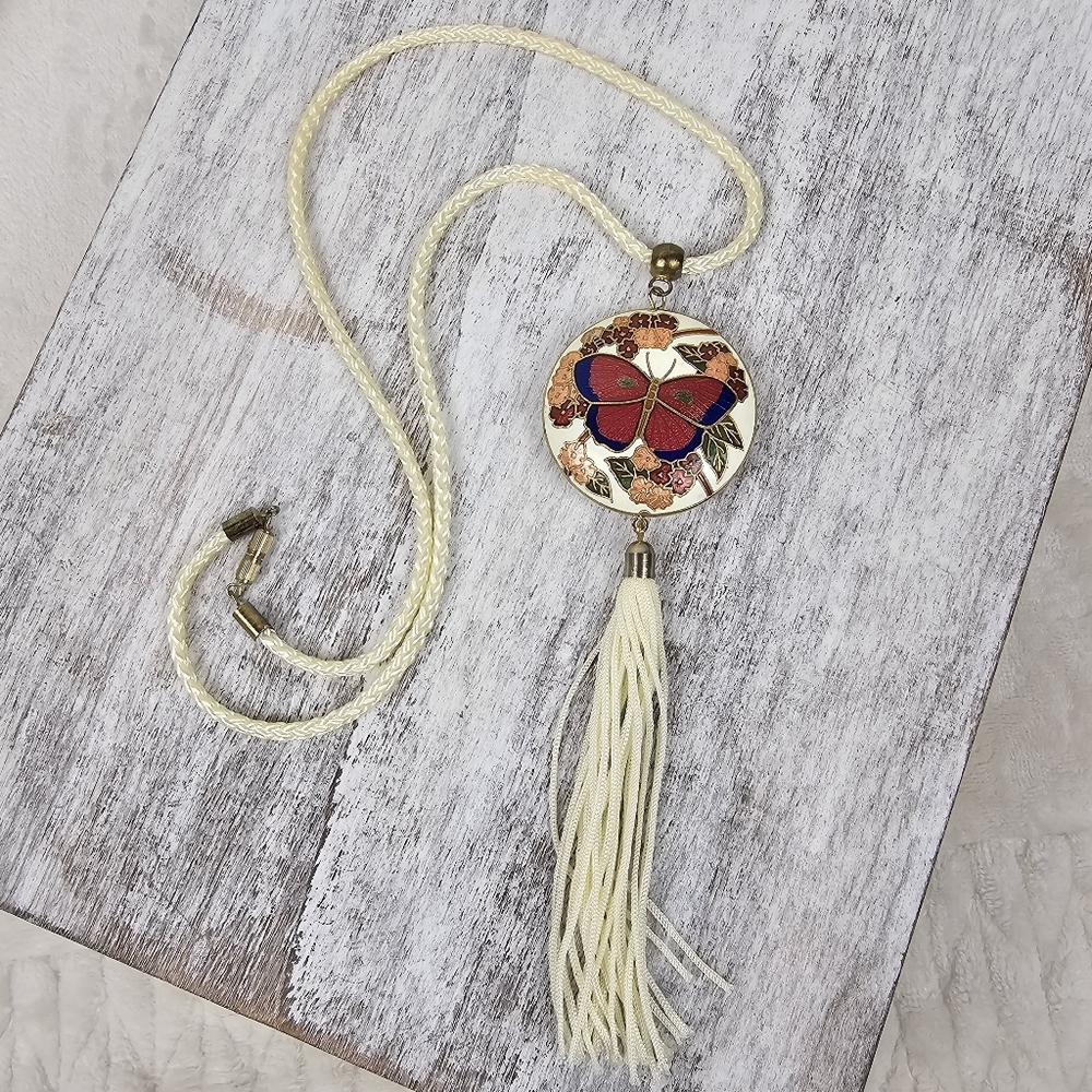 Vintage Cloisonne Butterfly Pendant Necklace - Picture 1 of 10